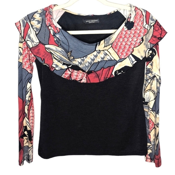 james lakeland Tops - James Lakeland Made In Italy Long Sleeve Ruffled Neck Abstract Blouse Woman S
